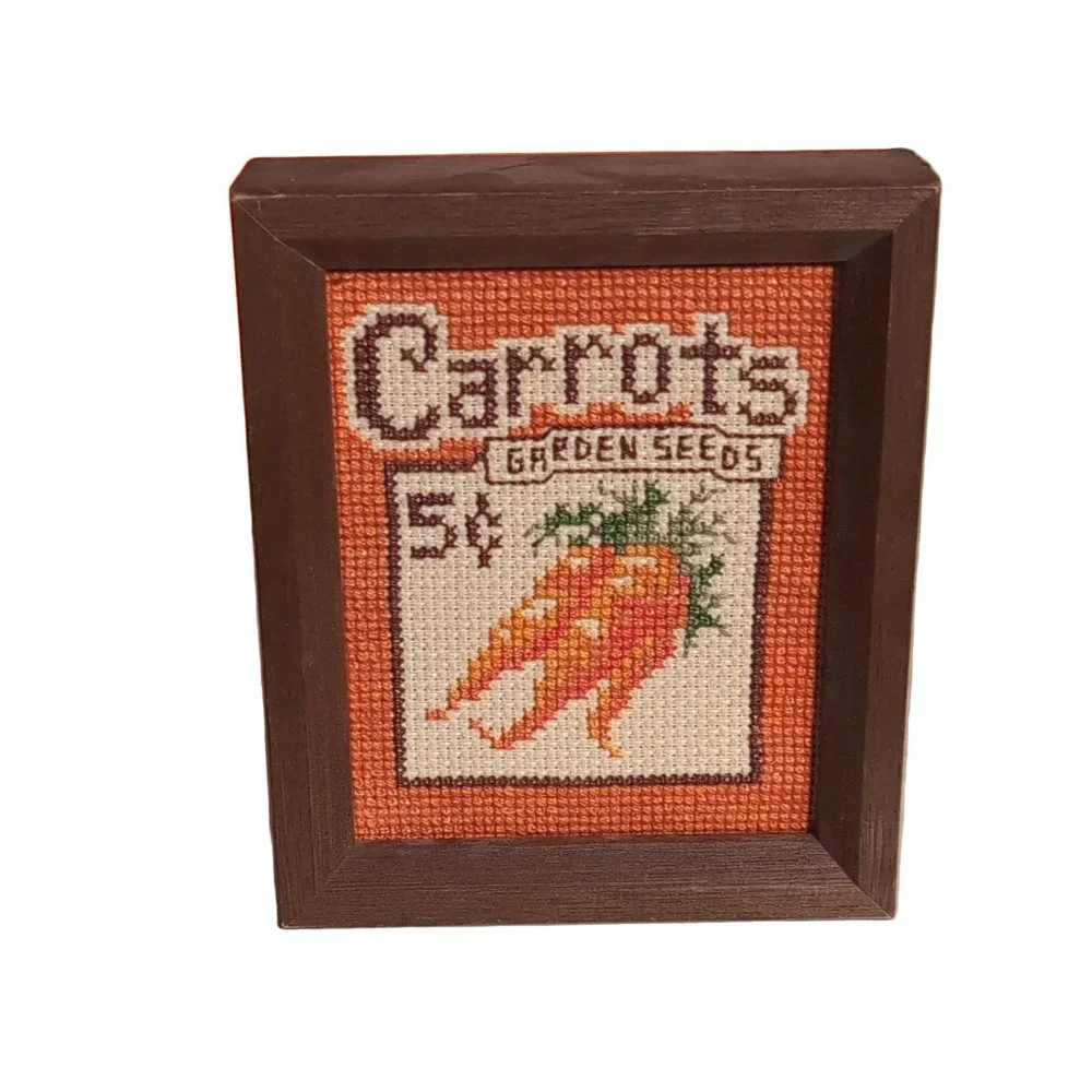 Sunset Designs Carrot Seeds 936 Cross Stitch Wall Art Framed 1980 Food Drink